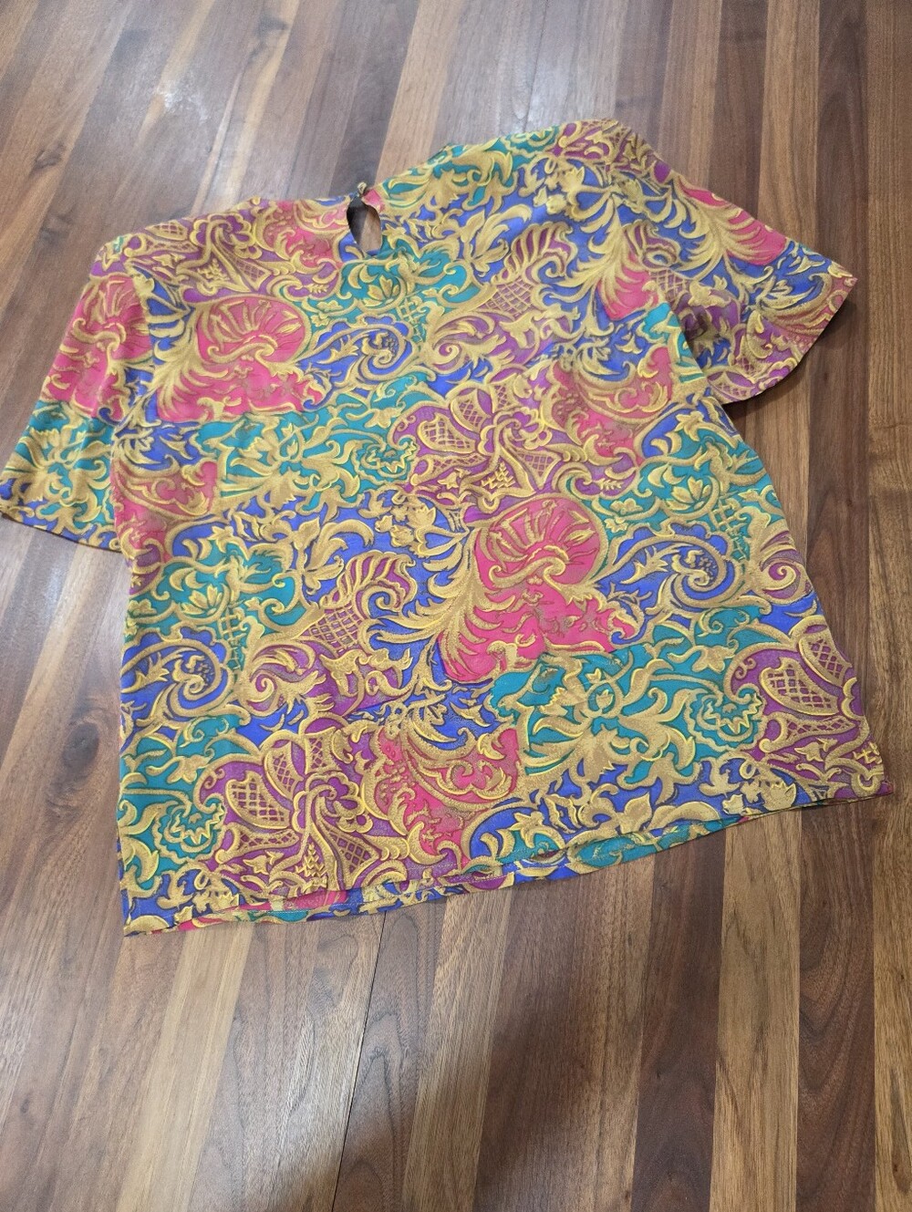 Vintage Casual Corner Gold, Royal Blue & Teal Baroque Silk Top Size 12 - Picture 2 of 6